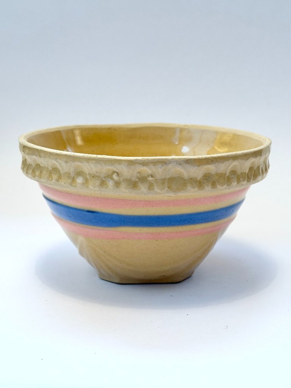 Vintage Yellowware Ceramic Mixing Bowl Pink & Blue Stripes
